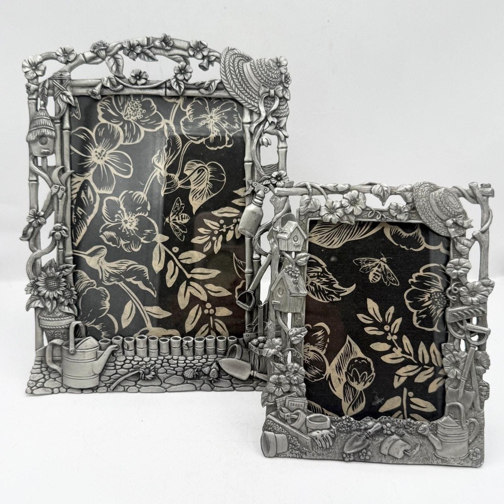 Vintage Cottage Garden Picture Frame Set Pewter Toned Raised Detail 5x7 & 3.5x5